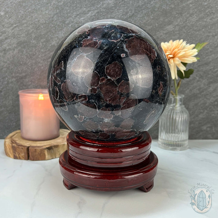 155mm Polished Arfvedsonite and Garnet Firework Sphere