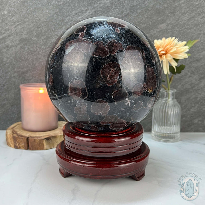 155mm Polished Arfvedsonite and Garnet Firework Sphere