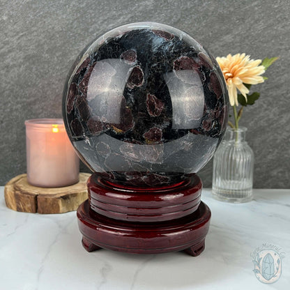 155mm Polished Arfvedsonite and Garnet Firework Sphere