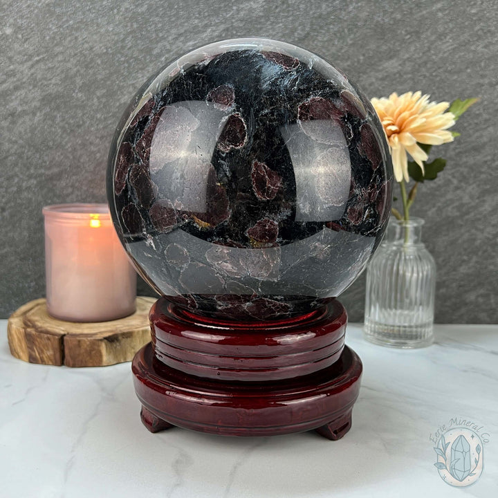 155mm Polished Arfvedsonite and Garnet Firework Sphere