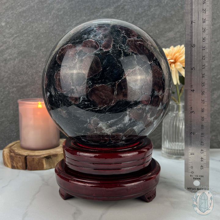 155mm Polished Arfvedsonite and Garnet Firework Sphere