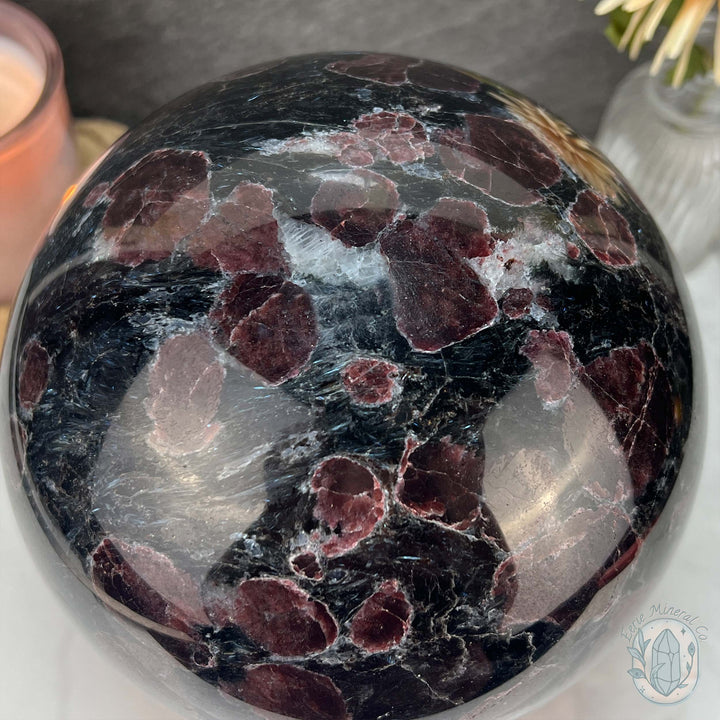 155mm Polished Arfvedsonite and Garnet Firework Sphere