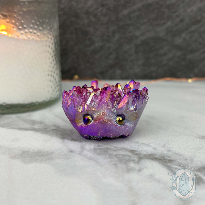 Purple Rainbow Aura Quartz Crystal Cluster Hedgehog Carving