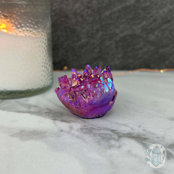 Purple Rainbow Aura Quartz Crystal Cluster Hedgehog Carving