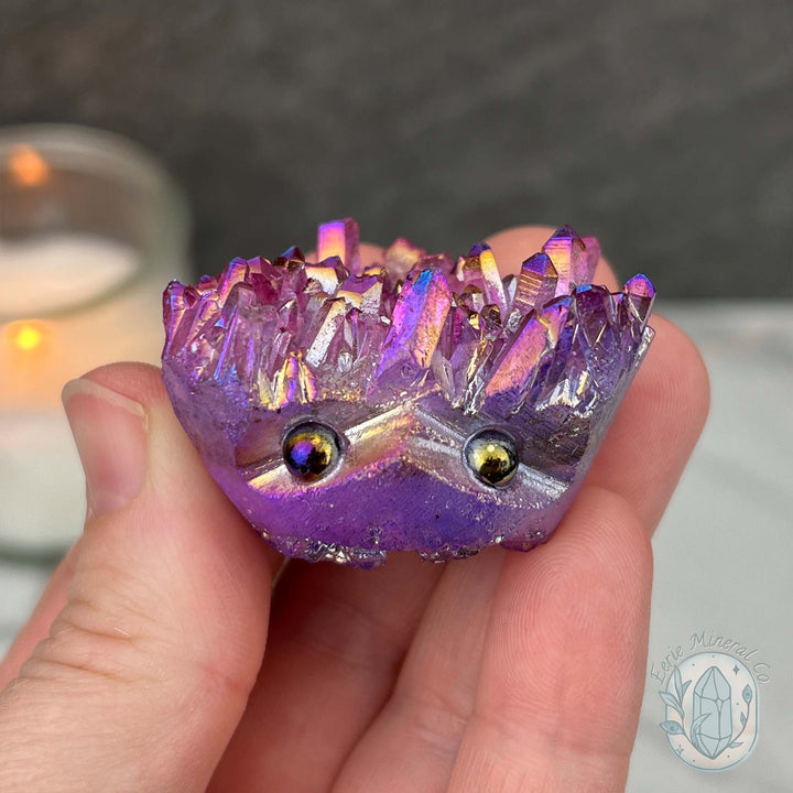 Purple Rainbow Aura Quartz Crystal Cluster Hedgehog Carving