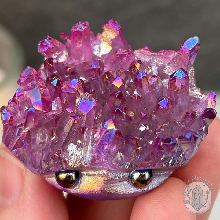 Purple Rainbow Aura Quartz Crystal Cluster Hedgehog Carving