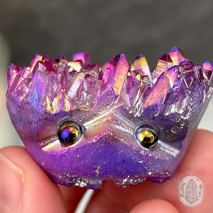 Purple Rainbow Aura Quartz Crystal Cluster Hedgehog Carving