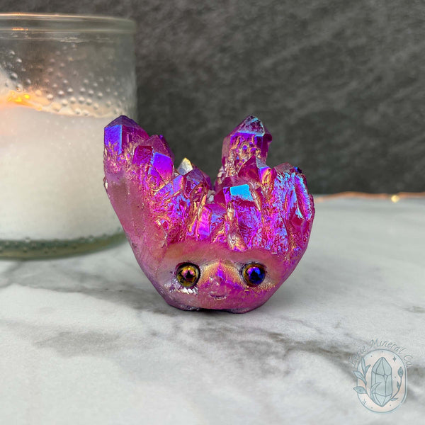 Purple Rainbow Aura Quartz Crystal Cluster Hedgehog Carving