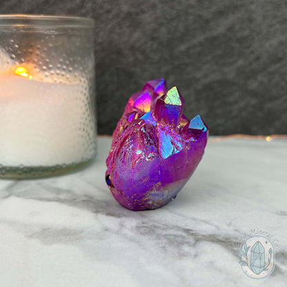 Purple Rainbow Aura Quartz Crystal Cluster Hedgehog Carving