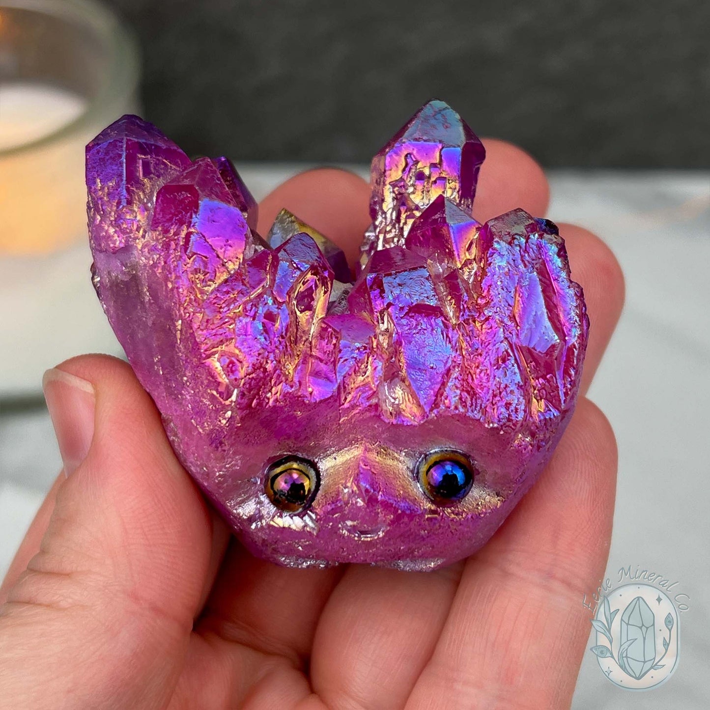 Purple Rainbow Aura Quartz Crystal Cluster Hedgehog Carving