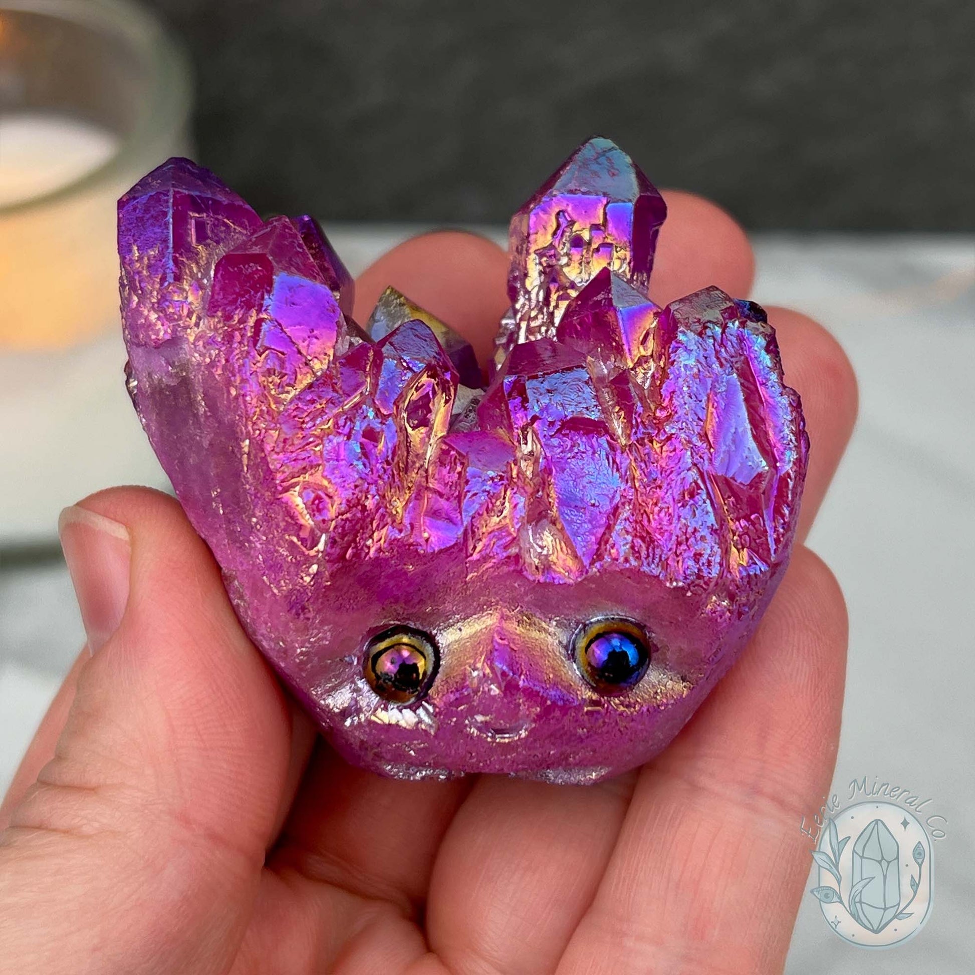 Purple Rainbow Aura Quartz Crystal Cluster Hedgehog Carving