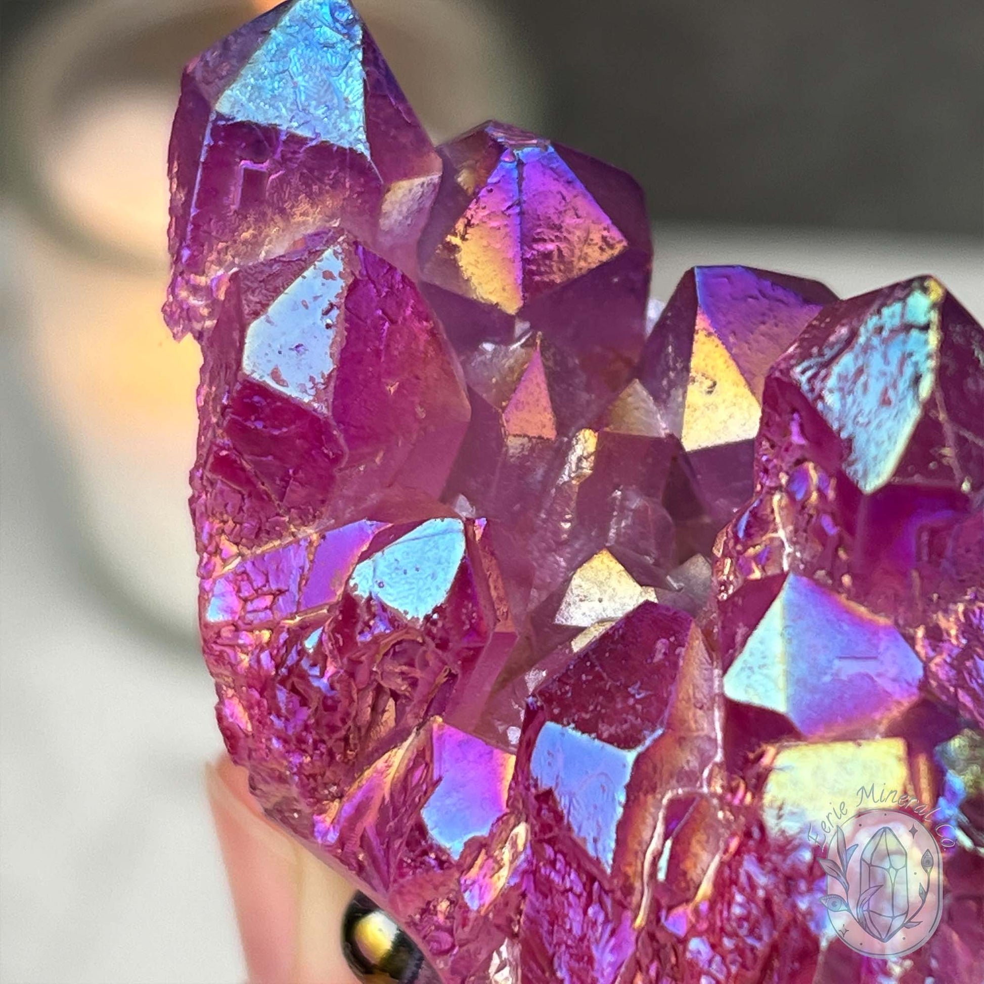 Purple Rainbow Aura Quartz Crystal Cluster Hedgehog Carving