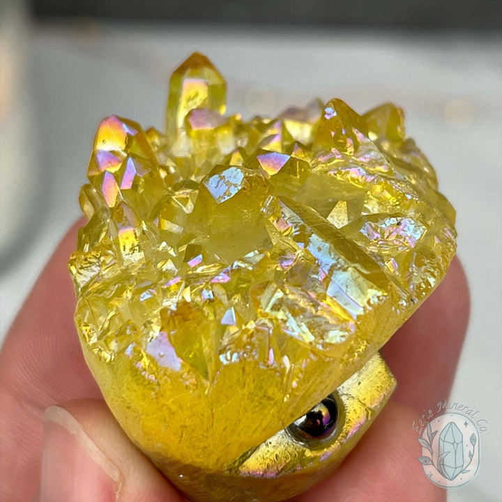 Yellow Rainbow Aura Quartz Crystal Cluster Hedgehog Carving