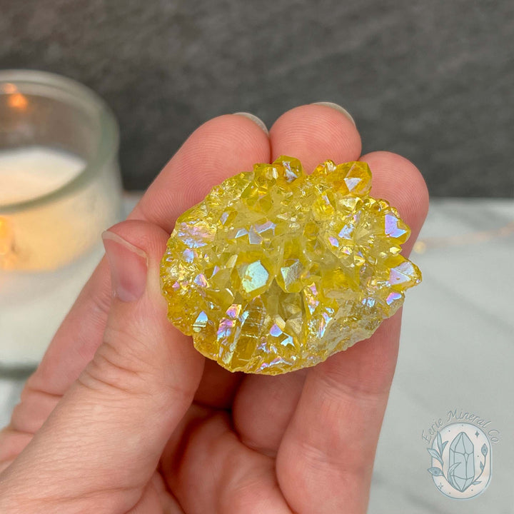 Yellow Rainbow Aura Quartz Crystal Cluster Hedgehog Carving