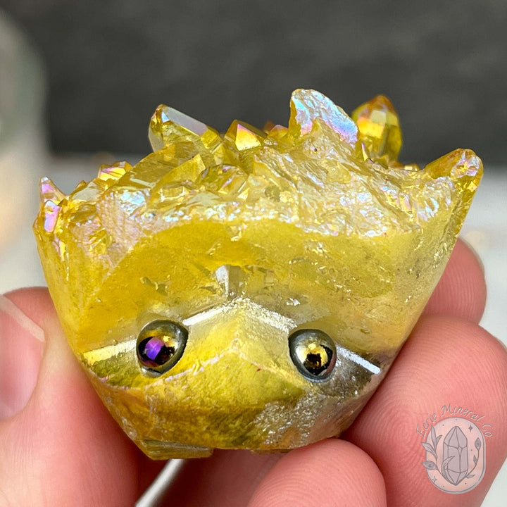 Yellow Rainbow Aura Quartz Crystal Cluster Hedgehog Carving