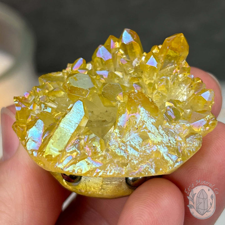 Yellow Rainbow Aura Quartz Crystal Cluster Hedgehog Carving