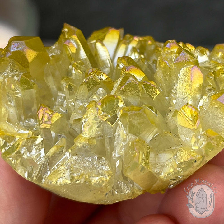 Yellow Rainbow Aura Quartz Crystal Cluster Hedgehog Carving