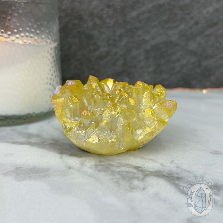 Yellow Rainbow Aura Quartz Crystal Cluster Hedgehog Carving