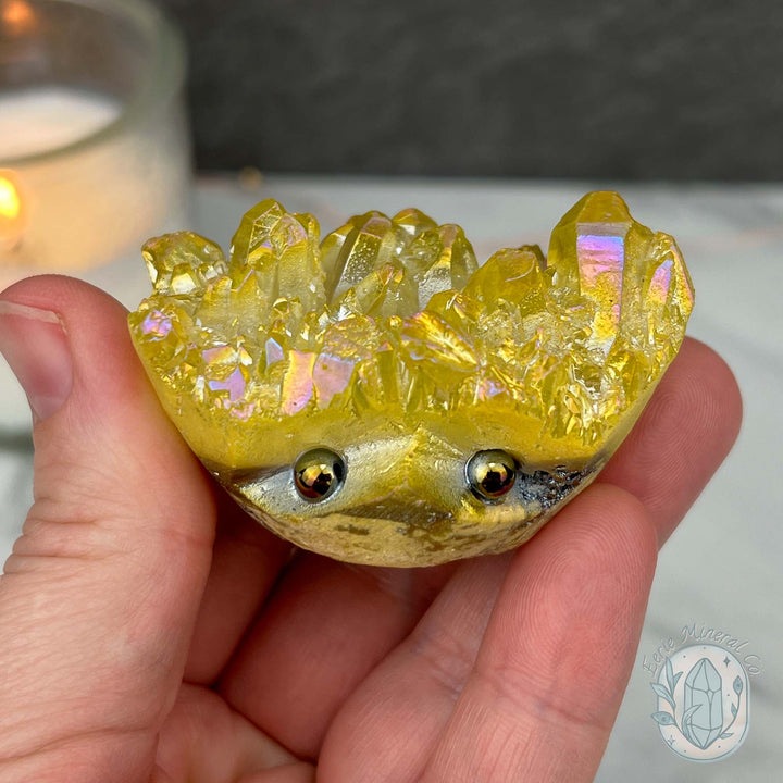 Yellow Rainbow Aura Quartz Crystal Cluster Hedgehog Carving