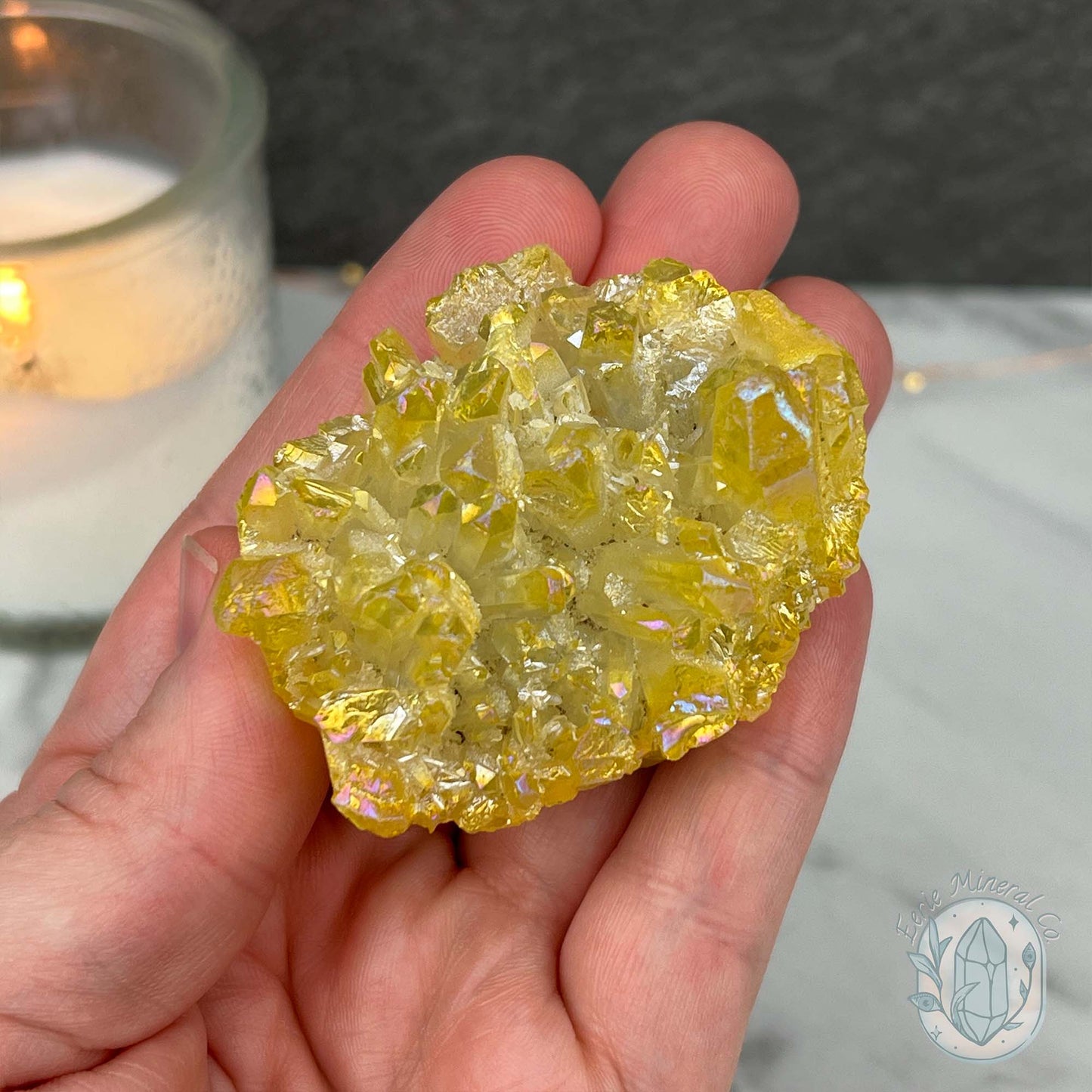 Yellow Rainbow Aura Quartz Crystal Cluster Hedgehog Carving