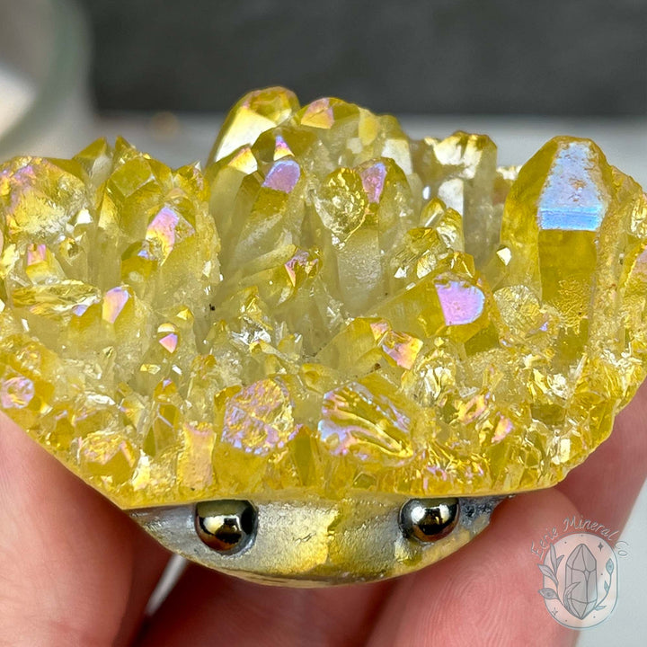 Yellow Rainbow Aura Quartz Crystal Cluster Hedgehog Carving