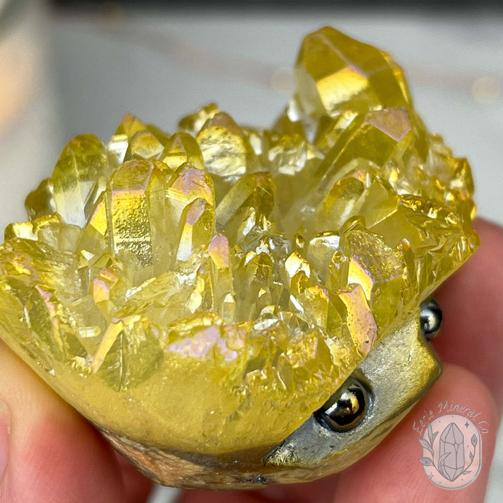 Yellow Rainbow Aura Quartz Crystal Cluster Hedgehog Carving