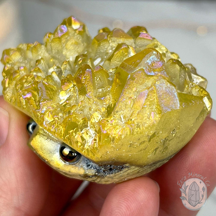 Yellow Rainbow Aura Quartz Crystal Cluster Hedgehog Carving