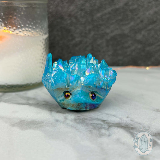 Blue Rainbow Aura Quartz Crystal Cluster Hedgehog Carving