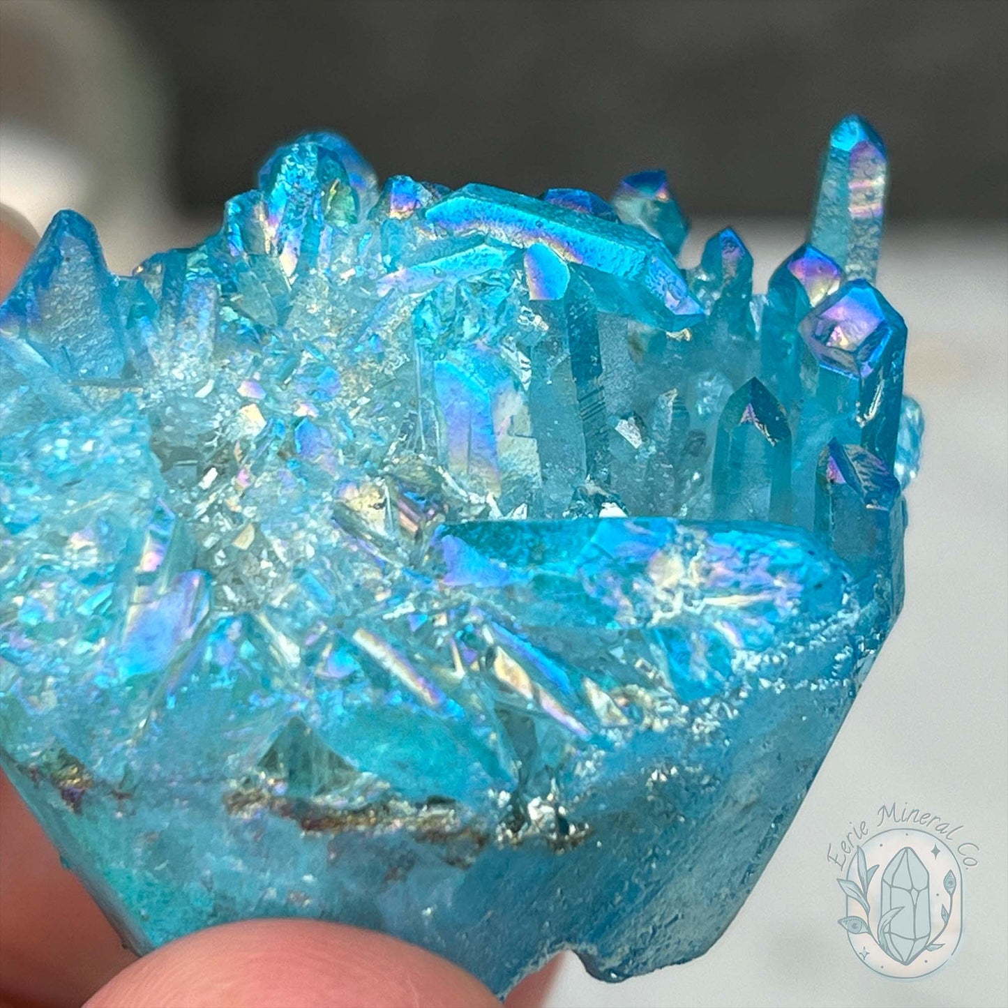 Blue Rainbow Aura Quartz Crystal Cluster Hedgehog Carving