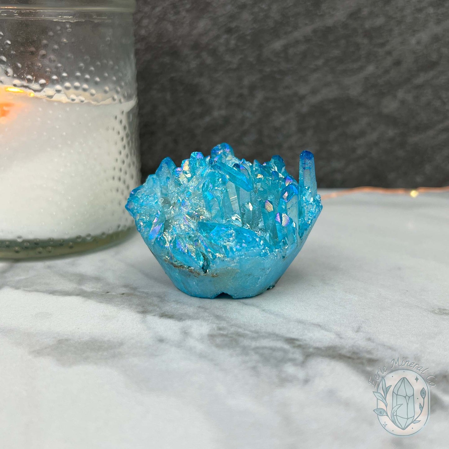 Blue Rainbow Aura Quartz Crystal Cluster Hedgehog Carving