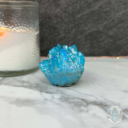Blue Rainbow Aura Quartz Crystal Cluster Hedgehog Carving