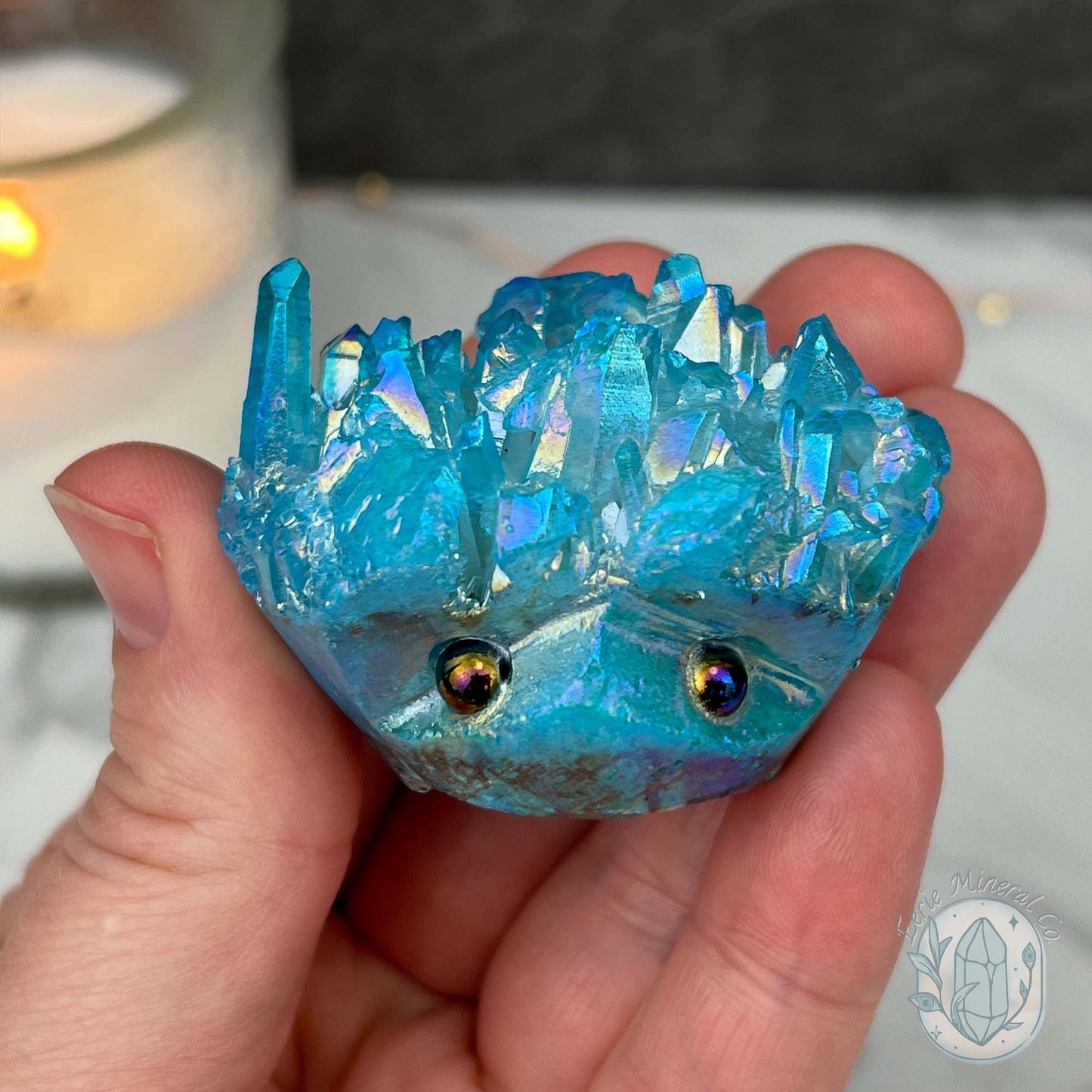 Blue Rainbow Aura Quartz Crystal Cluster Hedgehog Carving
