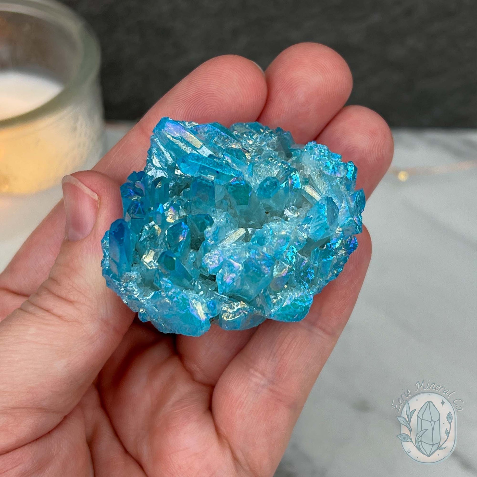 Blue Rainbow Aura Quartz Crystal Cluster Hedgehog Carving