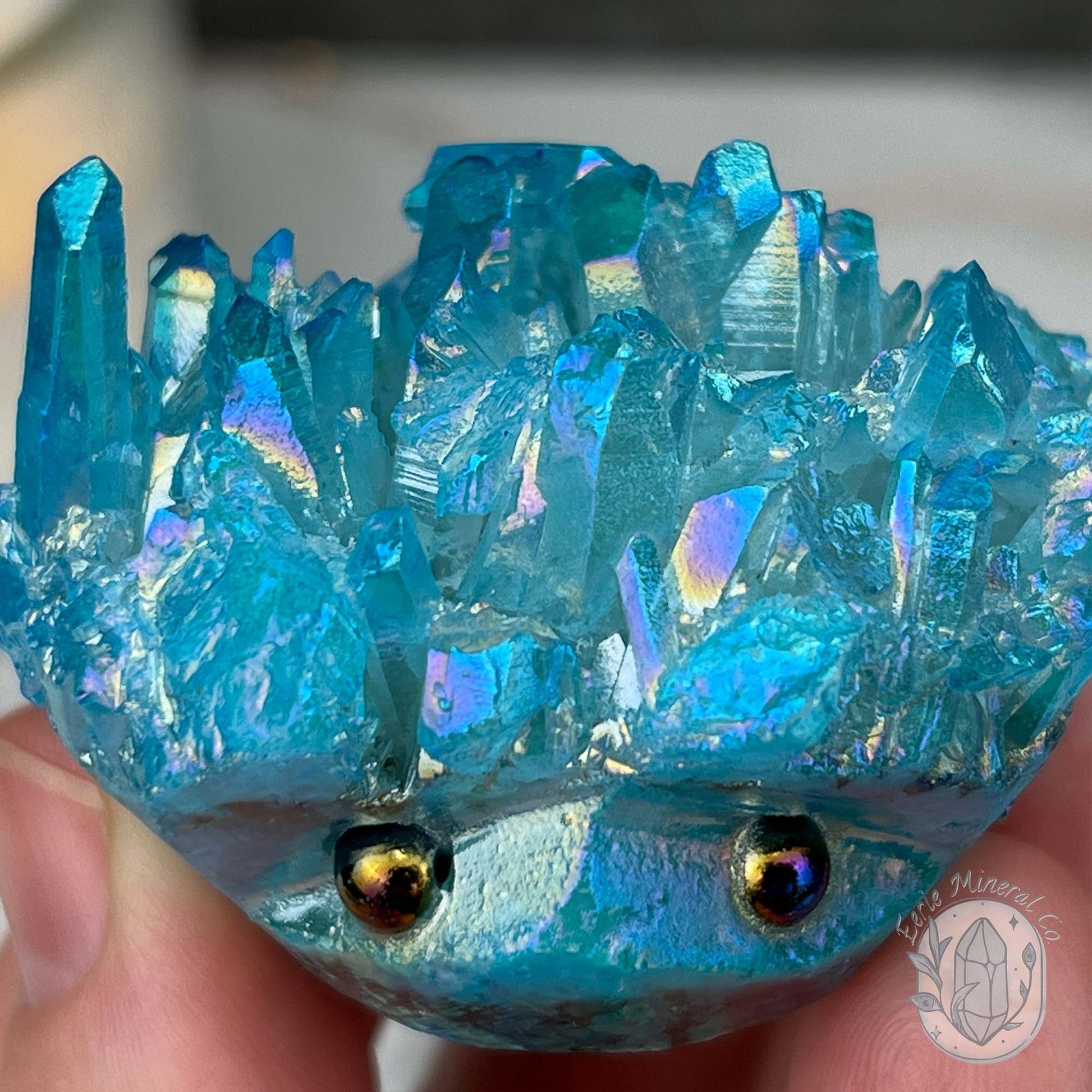Blue Rainbow Aura Quartz Crystal Cluster Hedgehog Carving