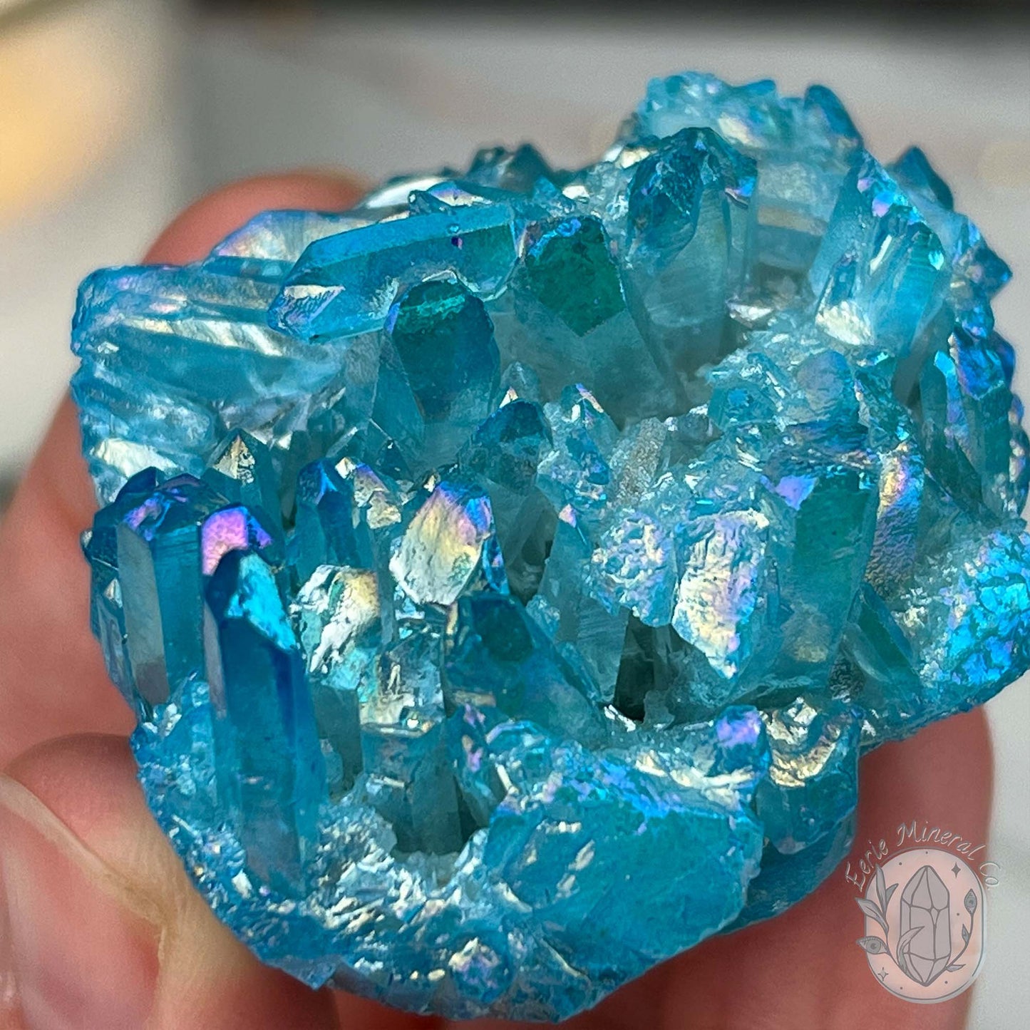 Blue Rainbow Aura Quartz Crystal Cluster Hedgehog Carving