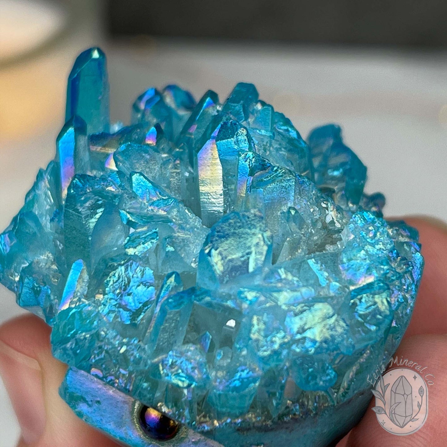 Blue Rainbow Aura Quartz Crystal Cluster Hedgehog Carving