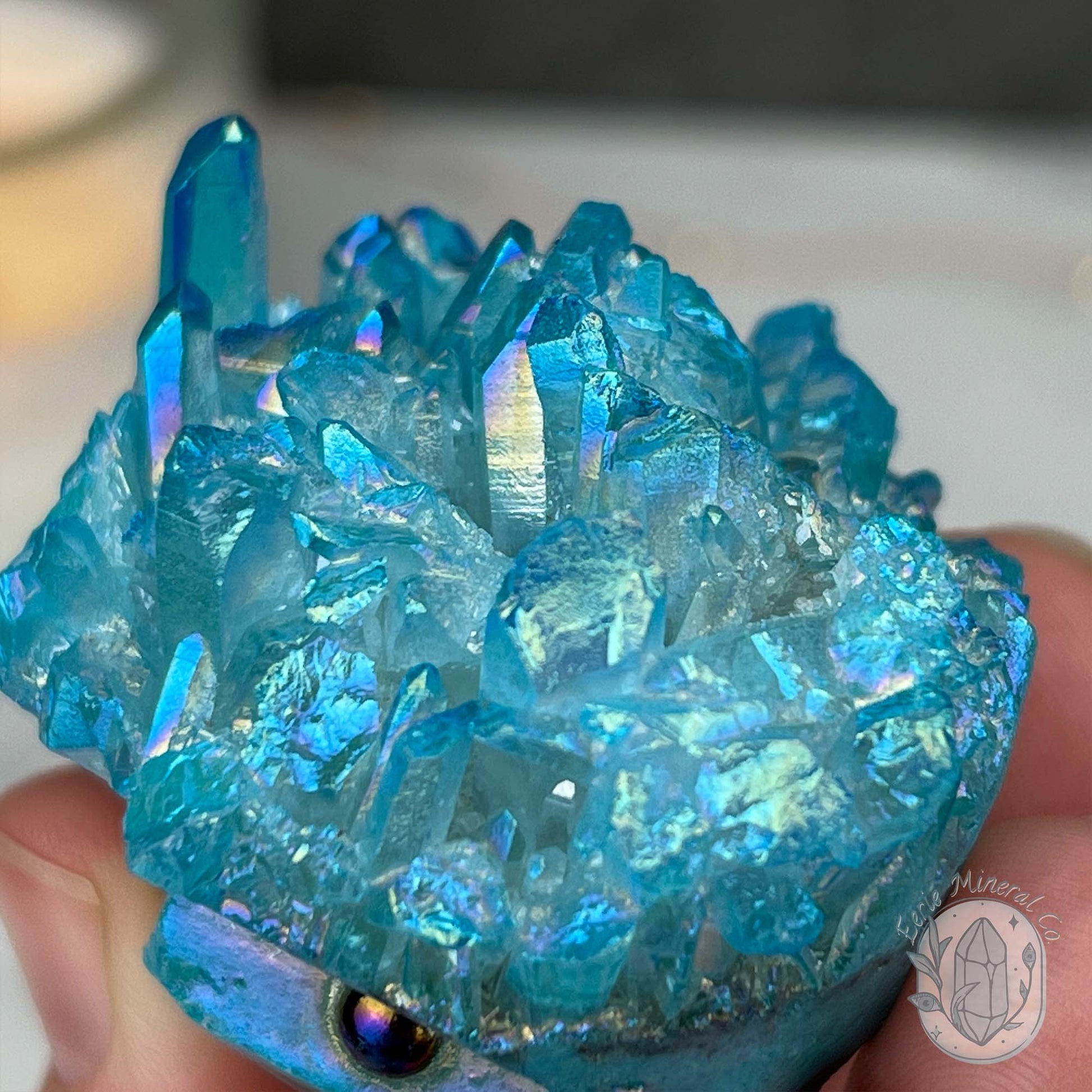 Blue Rainbow Aura Quartz Crystal Cluster Hedgehog Carving