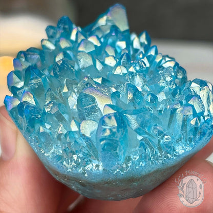 Blue Rainbow Aura Quartz Crystal Cluster Hedgehog Carving