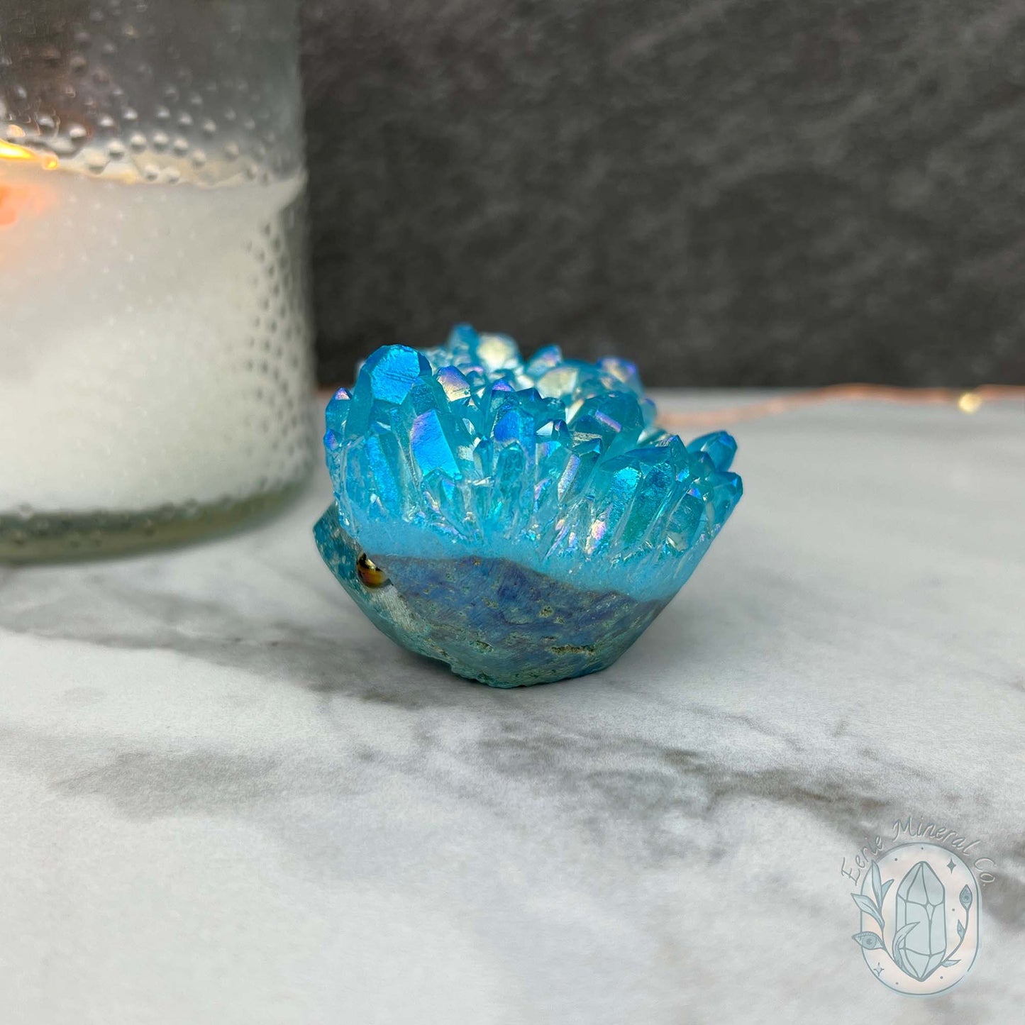 Blue Rainbow Aura Quartz Crystal Cluster Hedgehog Carving