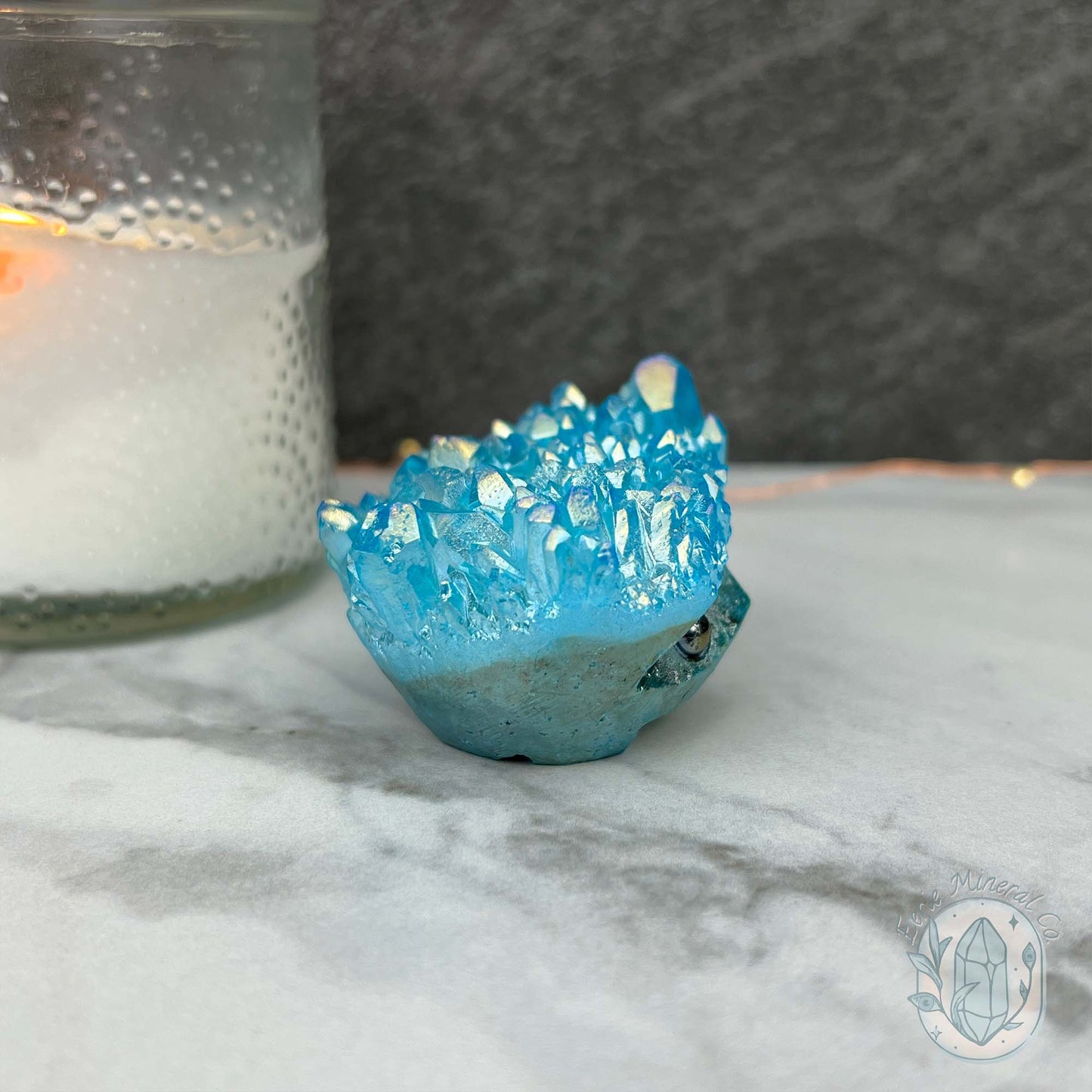 Blue Rainbow Aura Quartz Crystal Cluster Hedgehog Carving