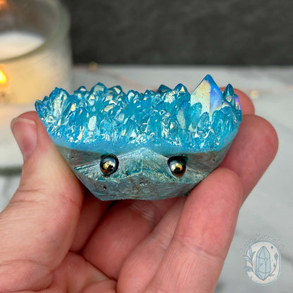 Blue Rainbow Aura Quartz Crystal Cluster Hedgehog Carving