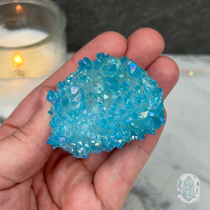 Blue Rainbow Aura Quartz Crystal Cluster Hedgehog Carving