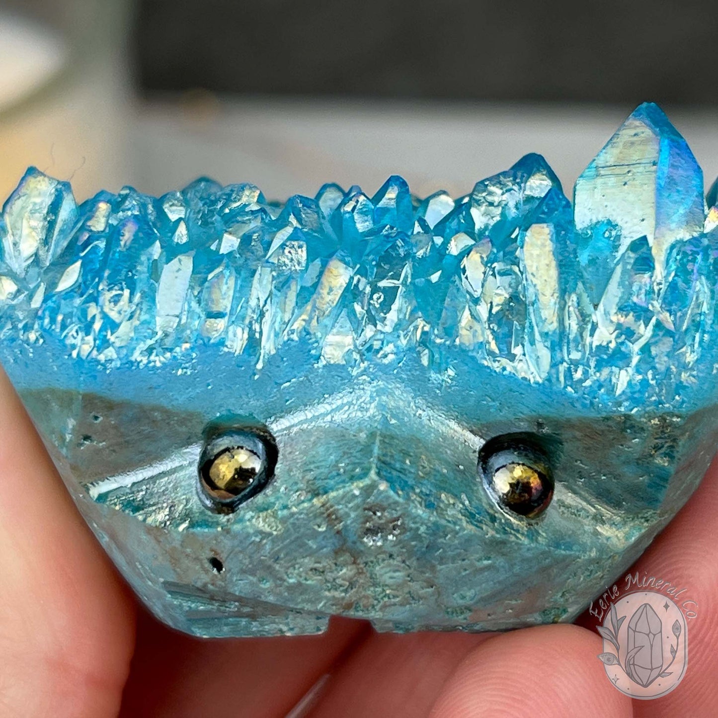 Blue Rainbow Aura Quartz Crystal Cluster Hedgehog Carving
