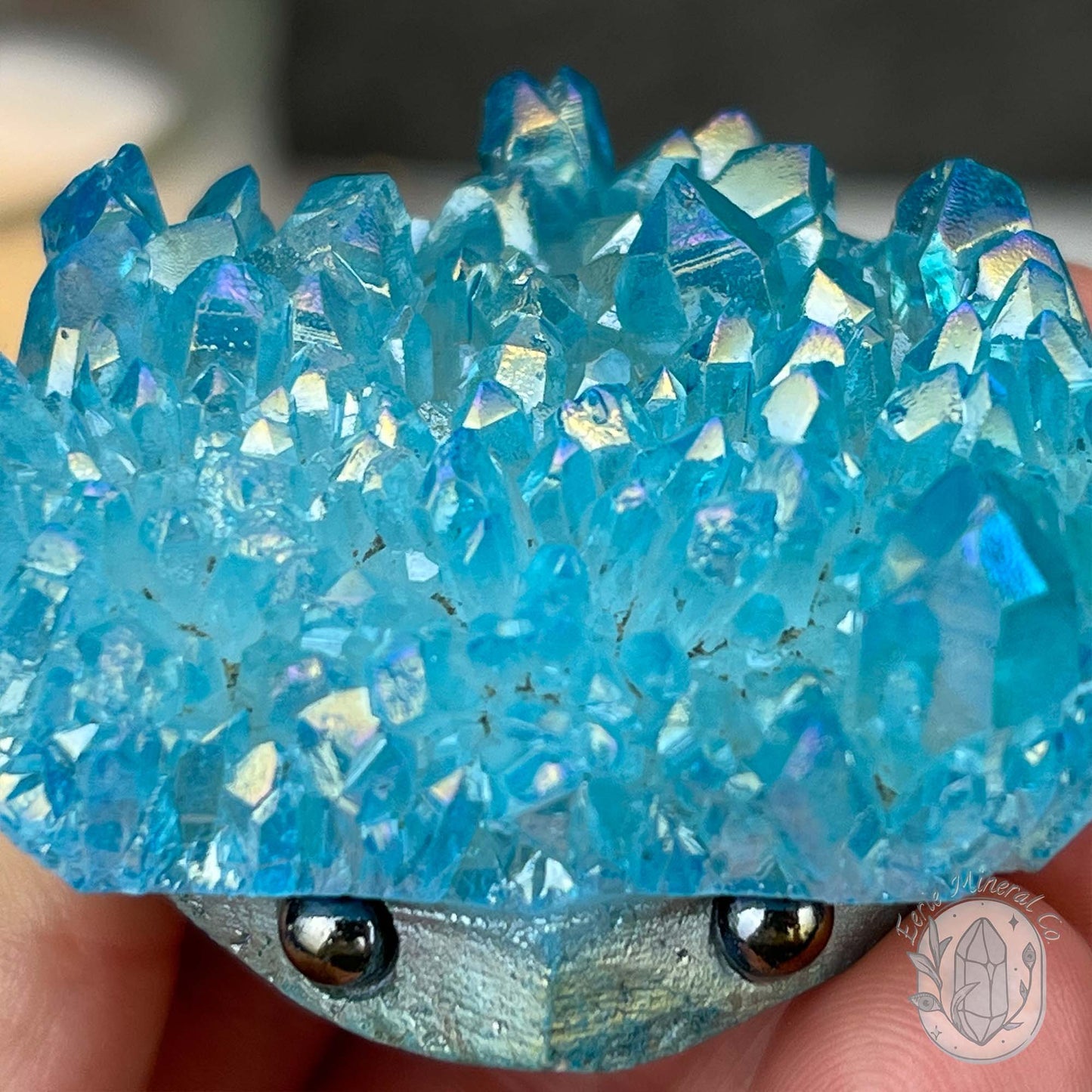 Blue Rainbow Aura Quartz Crystal Cluster Hedgehog Carving