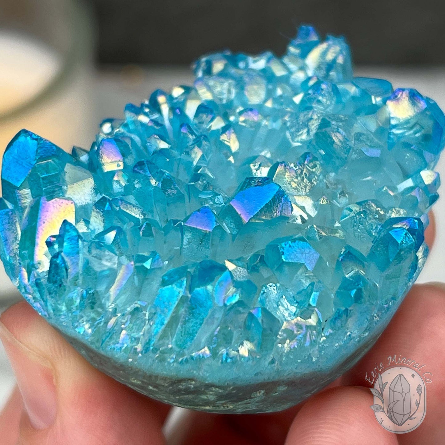 Blue Rainbow Aura Quartz Crystal Cluster Hedgehog Carving