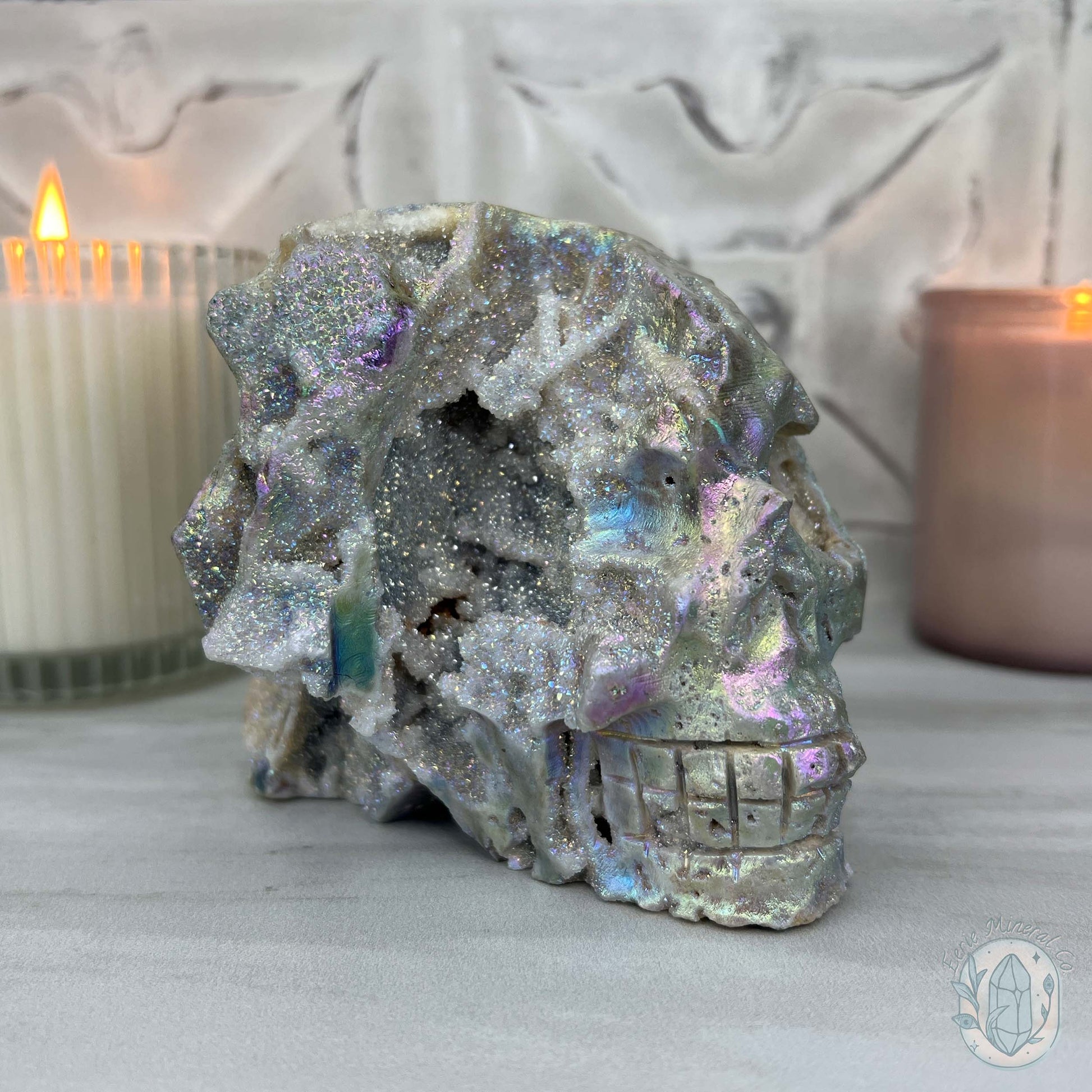 Angel Aura Sphalerite with Druzy Quartz Skull Carving