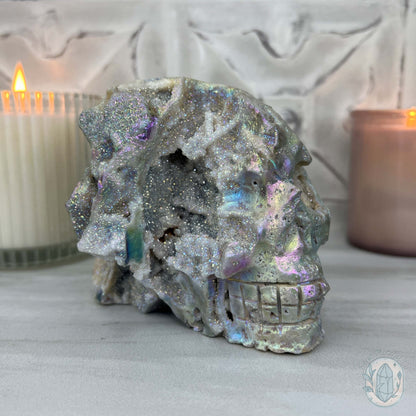 Angel Aura Sphalerite with Druzy Quartz Skull Carving