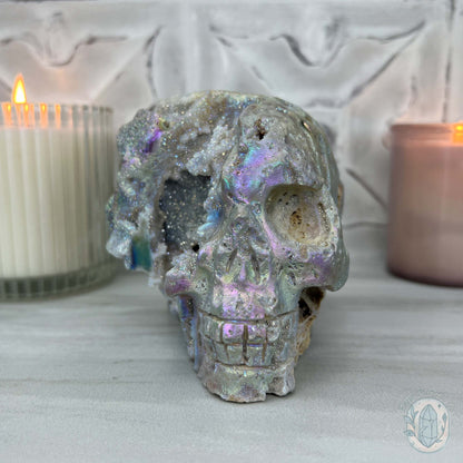 Angel Aura Sphalerite with Druzy Quartz Skull Carving