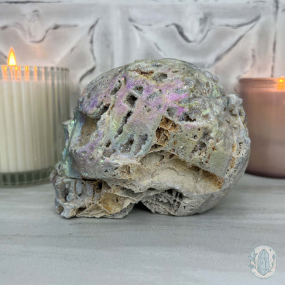 Angel Aura Sphalerite with Druzy Quartz Skull Carving