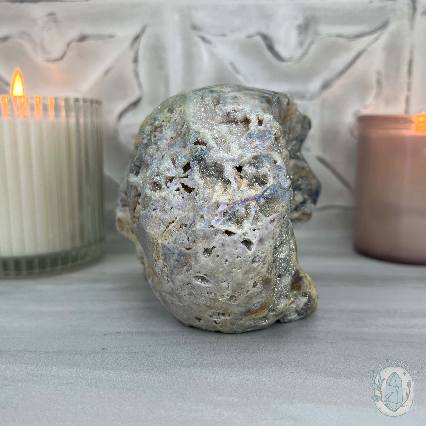 Angel Aura Sphalerite with Druzy Quartz Skull Carving